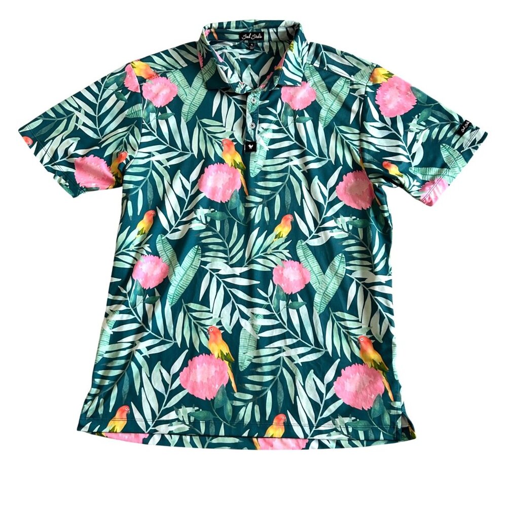 Bad Birdie Men's XL Tropical Polo Shirt Green/Floral Parrot Print